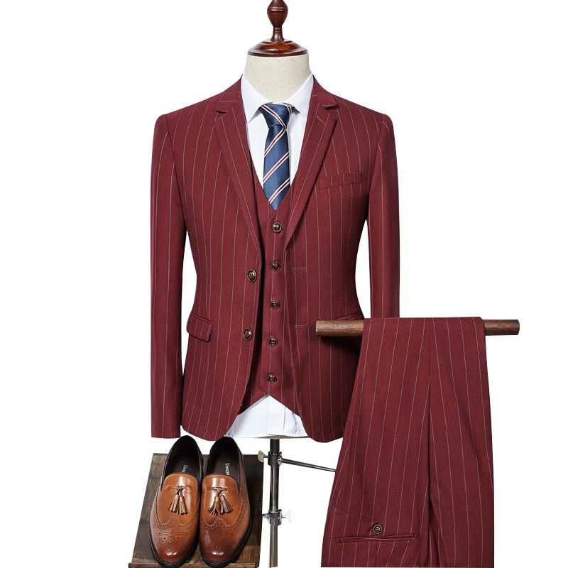 Business Casual Kostym Tredelad Herr Bröllopsklänning Klänning Trim Randig Professionell Bankett