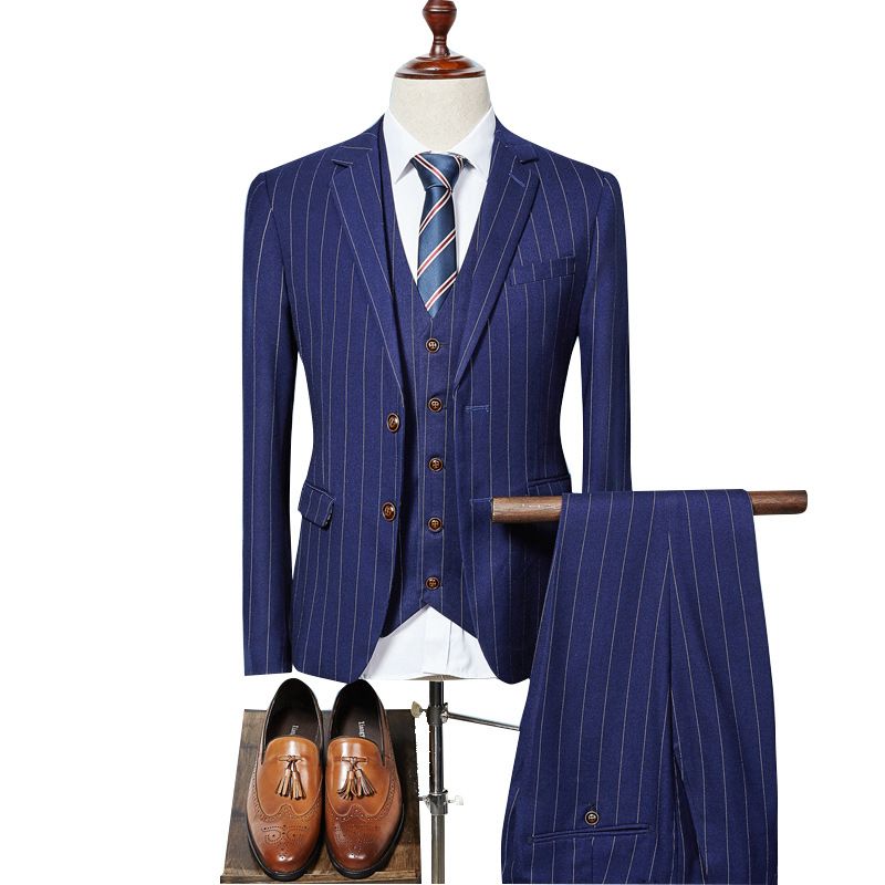 Business Casual Kostym Tredelad Herr Bröllopsklänning Klänning Trim Randig Professionell Bankett