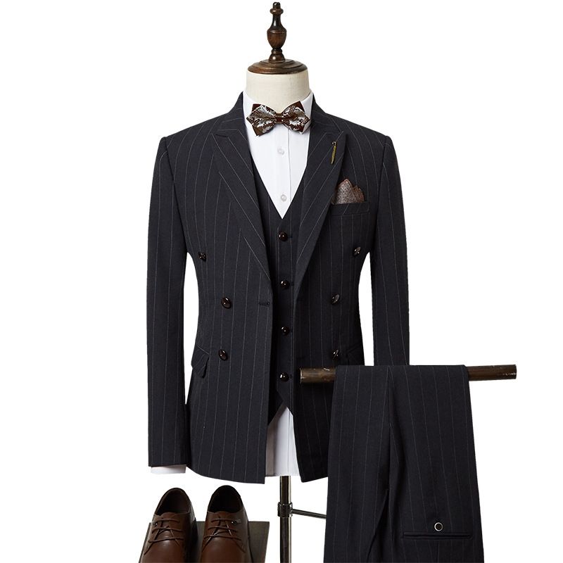 Kostym Tredelad Randig Bröllopsdräkt Bröllopsgroomsmen Liten Slim Business Män