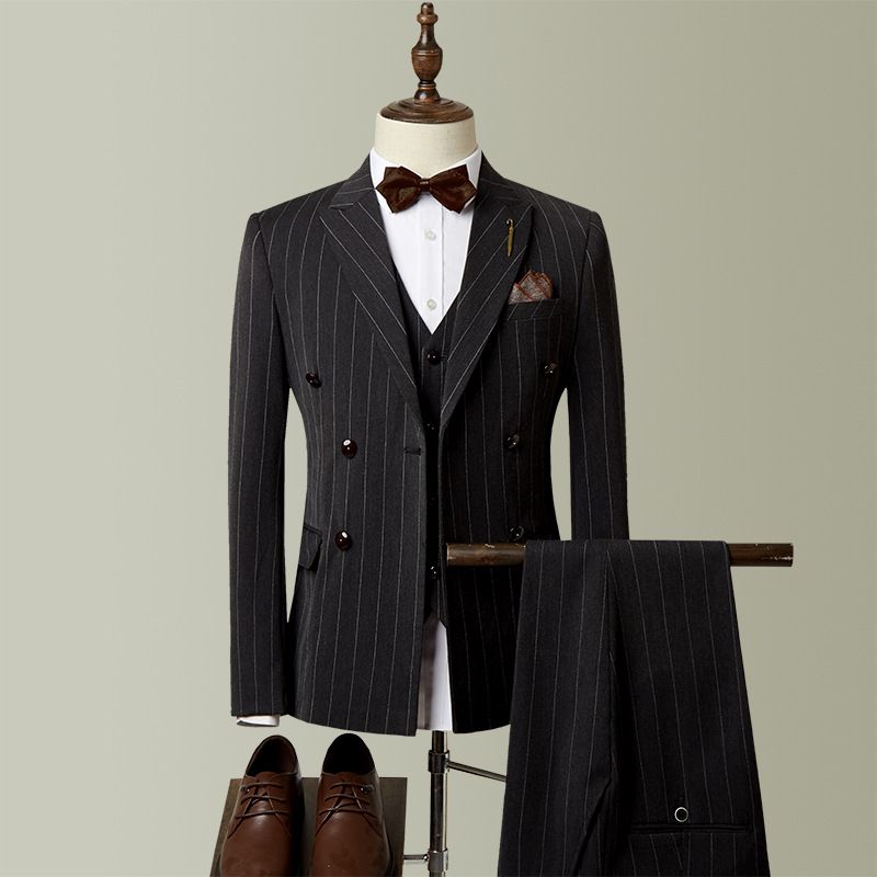 Kostym Tredelad Randig Bröllopsdräkt Bröllopsgroomsmen Liten Slim Business Män