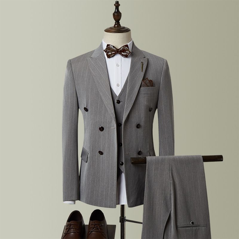 Kostym Tredelad Randig Bröllopsdräkt Bröllopsgroomsmen Liten Slim Business Män