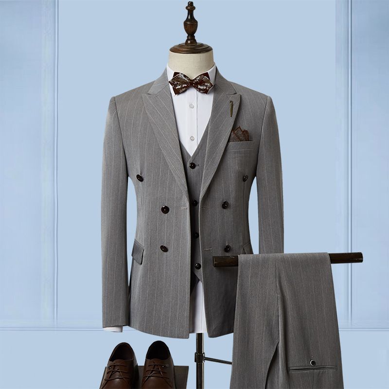 Kostym Tredelad Randig Bröllopsdräkt Bröllopsgroomsmen Liten Slim Business Män