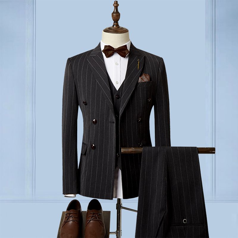 Kostym Tredelad Randig Bröllopsdräkt Bröllopsgroomsmen Liten Slim Business Män