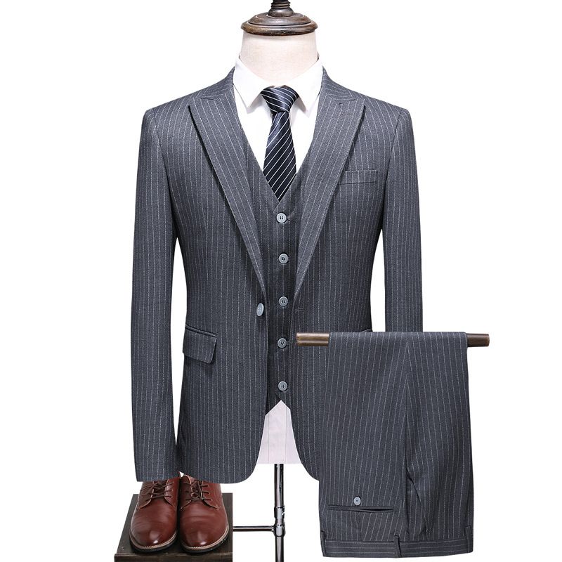 Stor Storlek Kostym Herr Vertikal Randig Dräkt Tredelad Slim Business Casual Trend