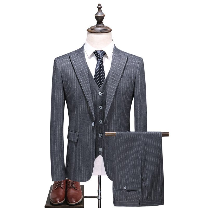 Stor Storlek Kostym Herr Vertikal Randig Dräkt Tredelad Slim Business Casual Trend