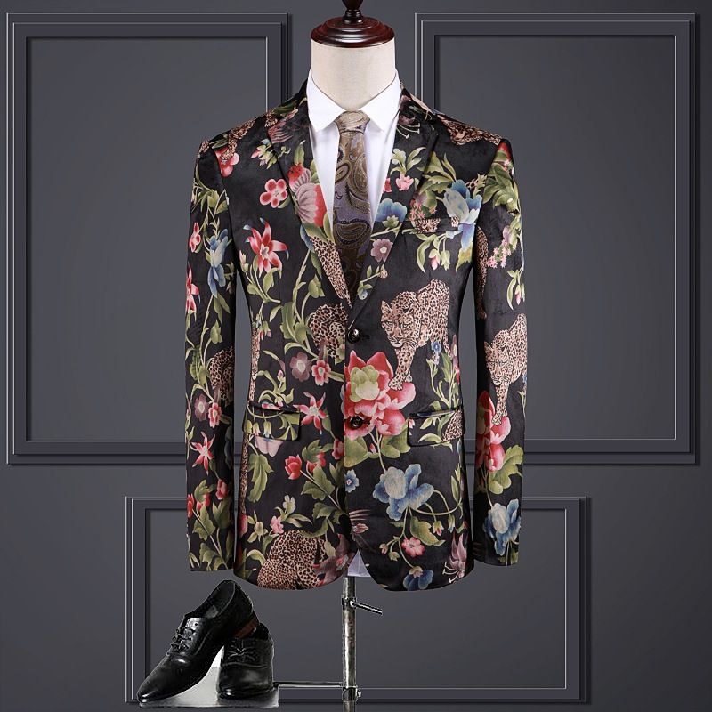 Blommigt Tryck Plus Size Kostym Män Business Casual Blommig