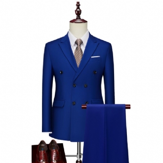 Enfärgad Business Casual Dubbelknäppt Kostym Set Dekoration Groomsmen Klänning Professionell Tvådelad Hane