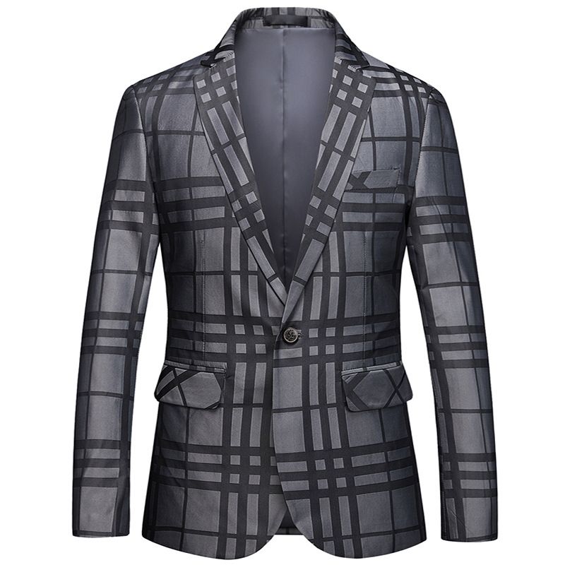 Herr Business Casual Kostym Med En Knapp Topp Rutig Liten Kostymjacka